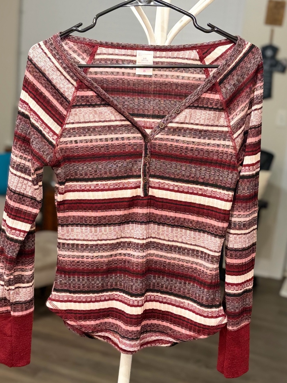 No Boundaries Burgundy and Pink Striped Henley Long Sleeve Top